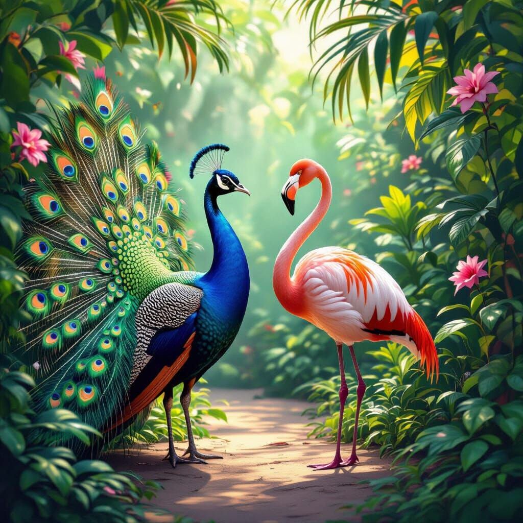 Vibrant Peacock and Flamingo in Tropical Garden