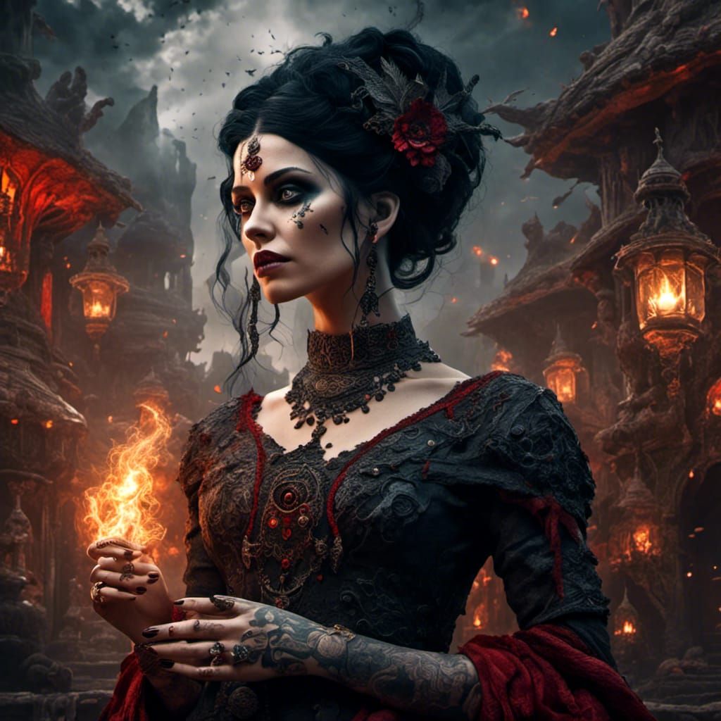 Gothic Native Woman Smoking Preroll, Detailed Matte Painting
