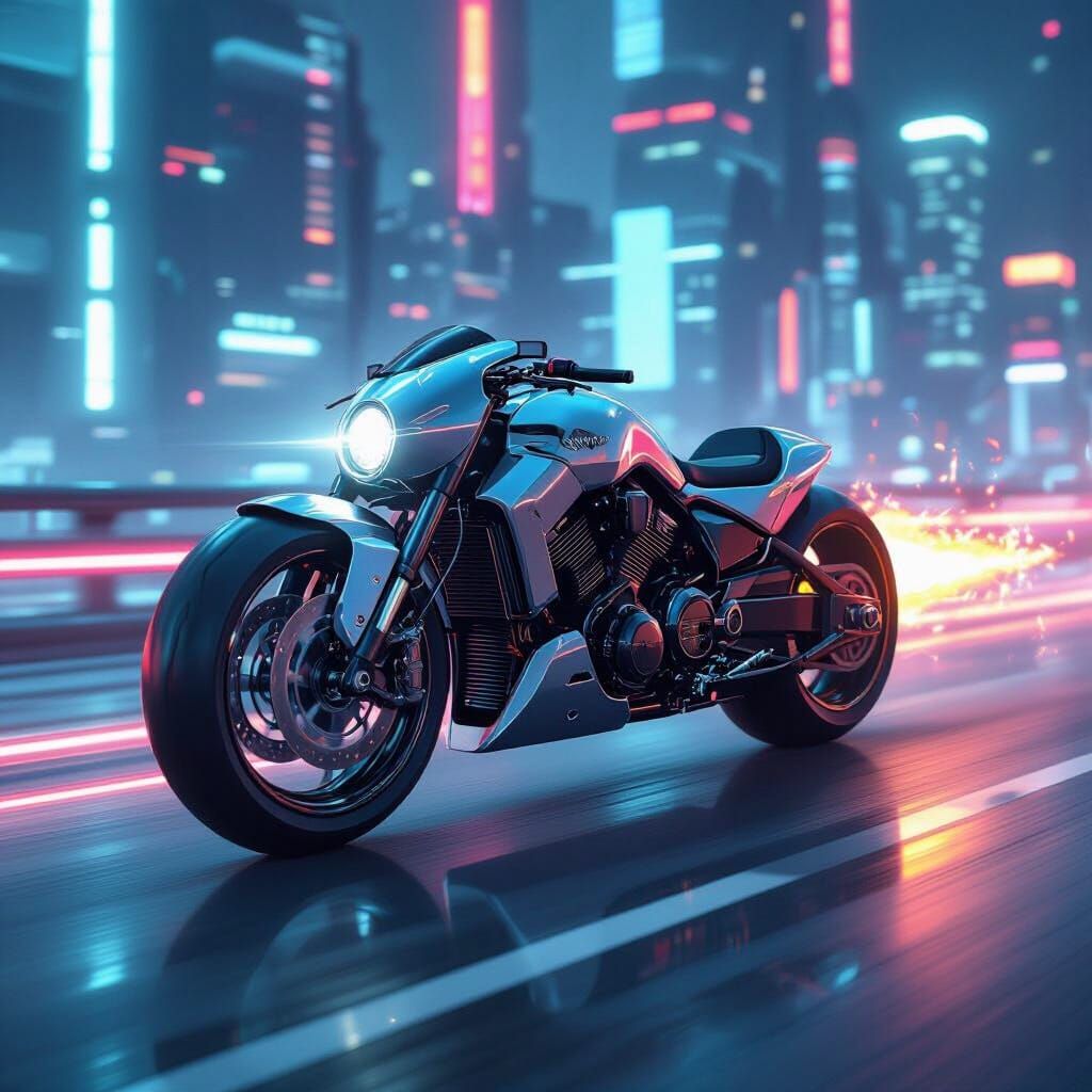 Futuristic Bullet Bike Speeding Down Neon Highway