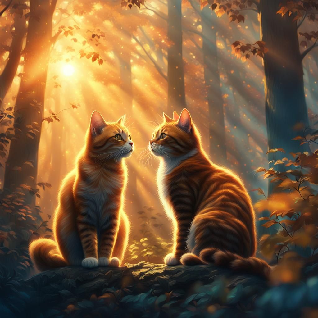 Cats Embrace in Mystical Forest: Digital Matte Painting