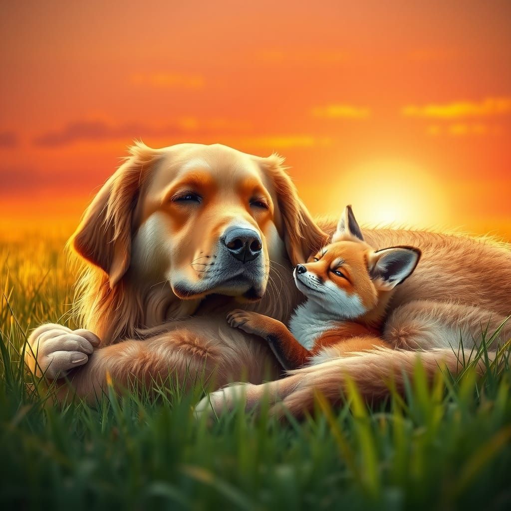 A golden retriever dog is curled up with a baby fox in a gra...