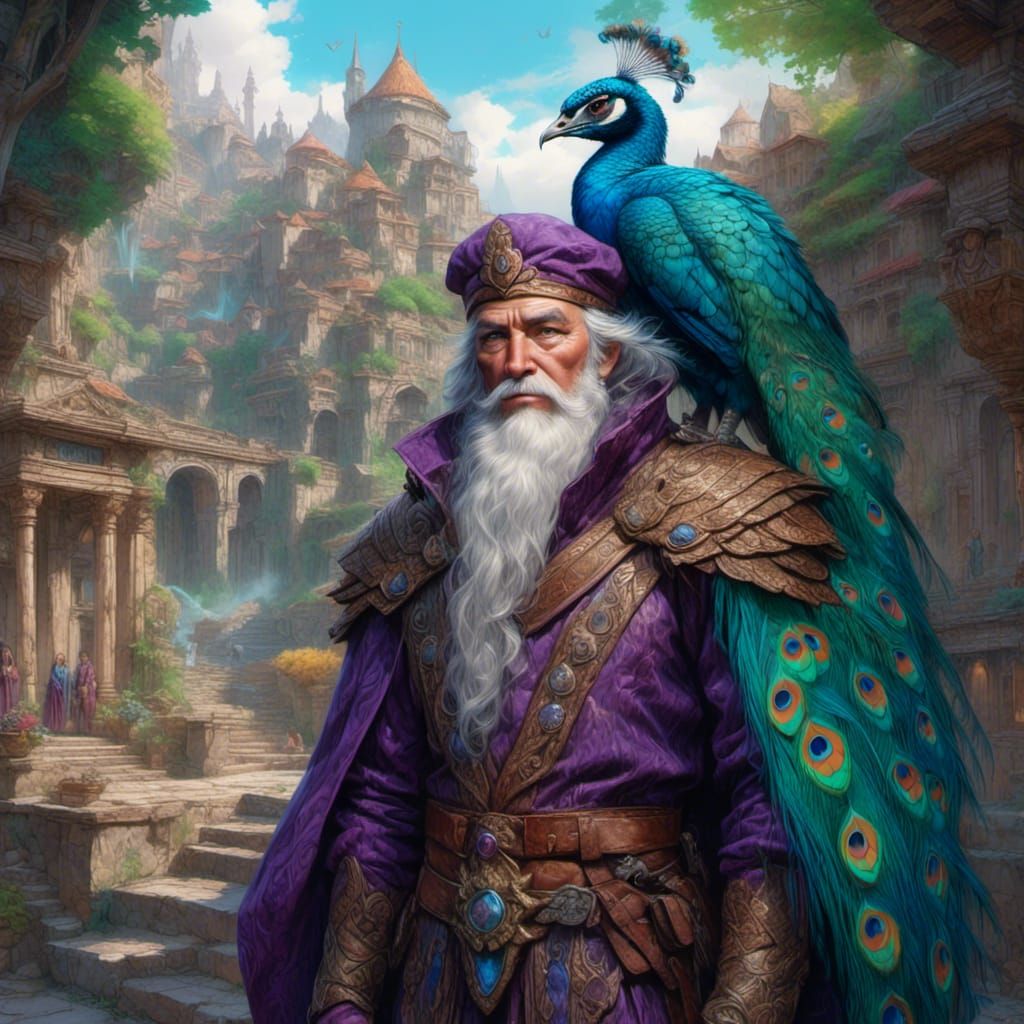 Wizard and Peacock Familiar in Detailed Matte Painting