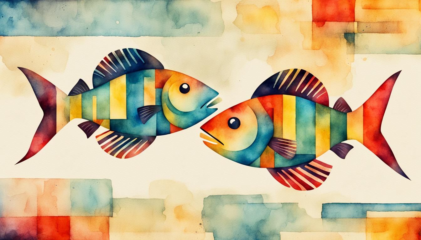 Bauhaus Watercolor Illustration of Two Fish