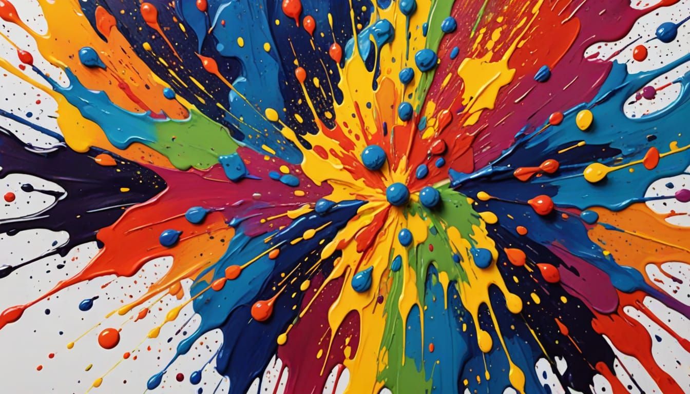 Vibrant Paint Splatter on Book with Brushes, Expressionist S...