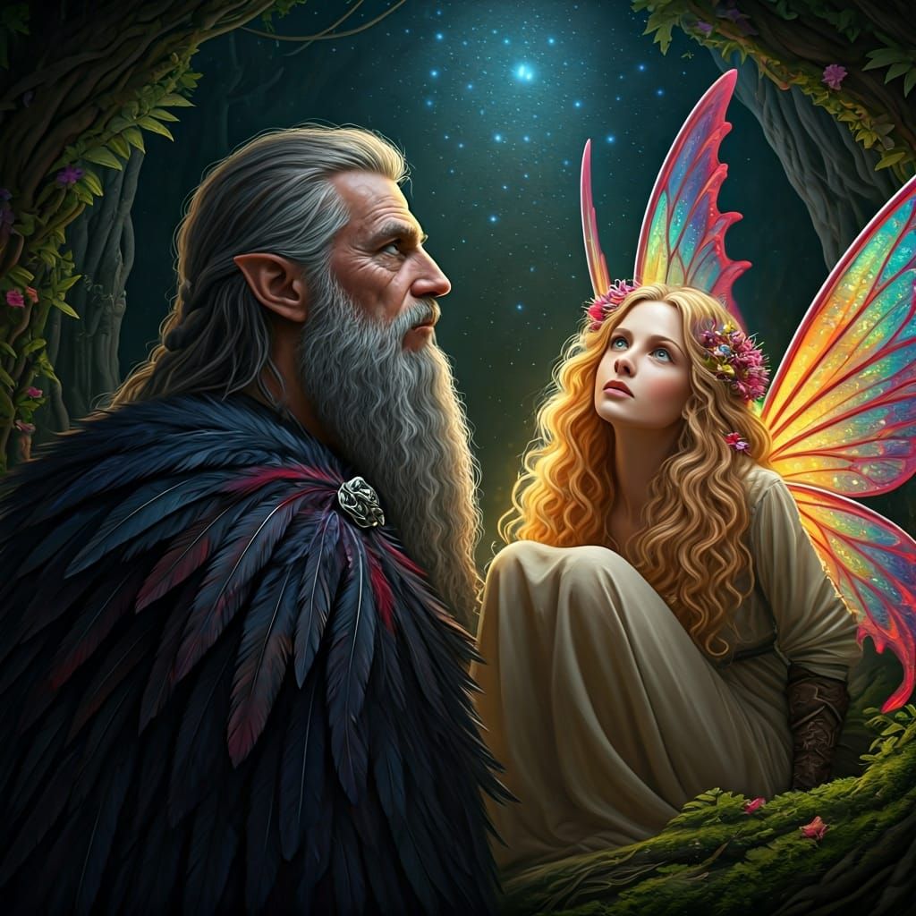 Ethereal Fairy Observes Viking Warrior in Grove