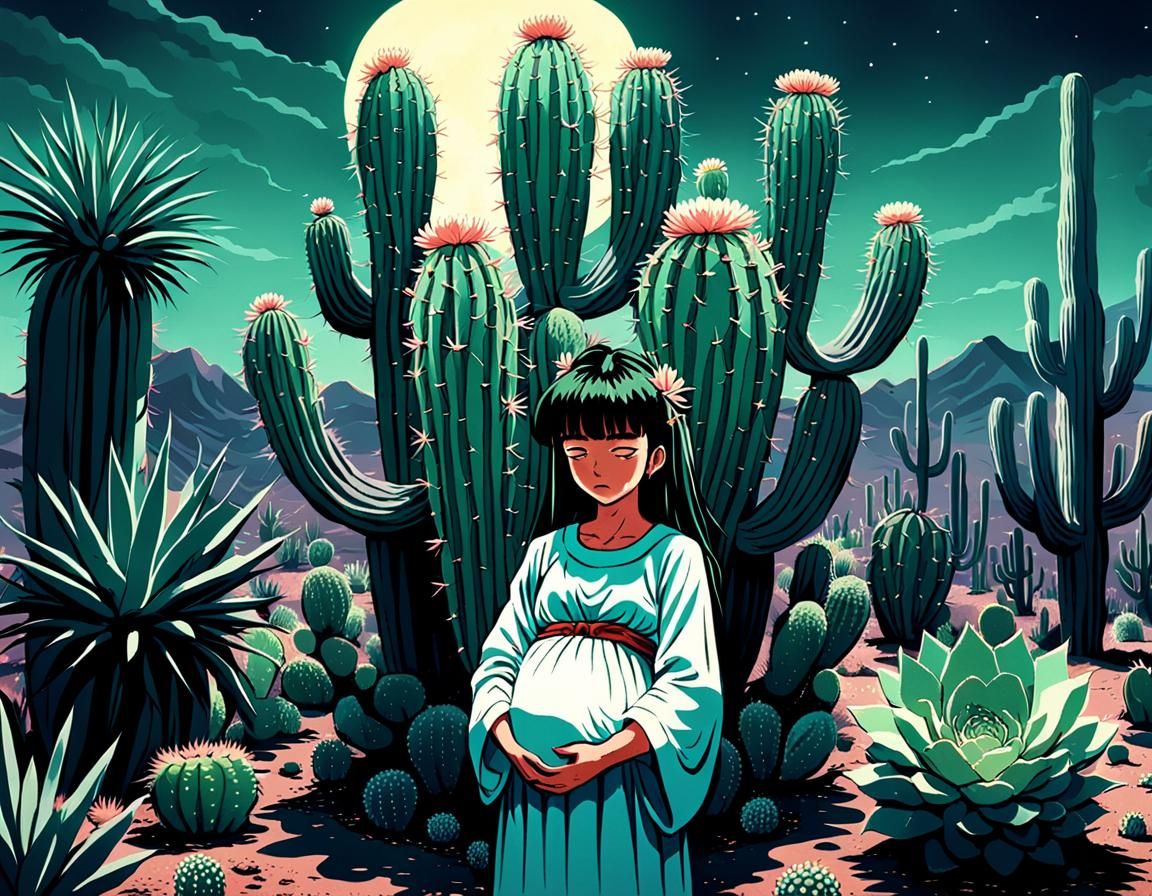 Goddess Emerges from San Pedro Cactus in Anime Style