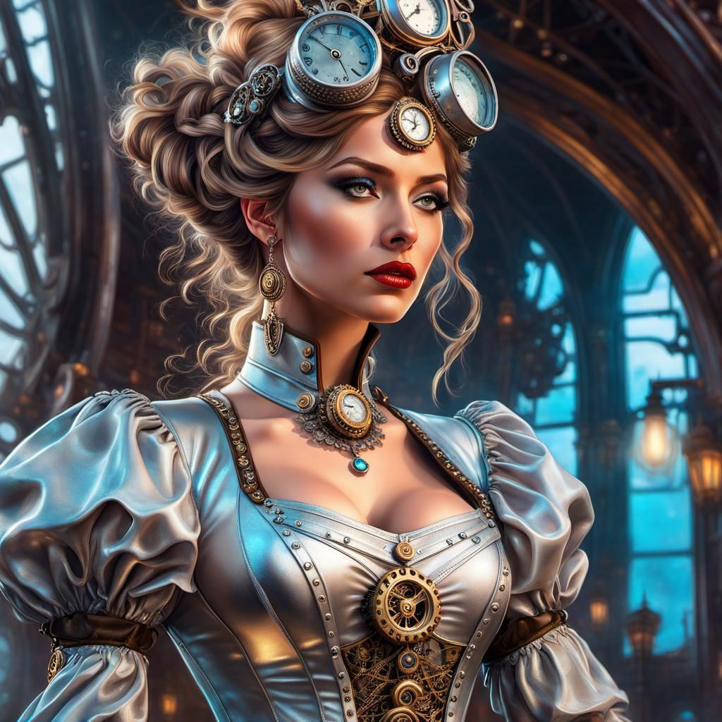 Steampunk Woman in Silver Dress: Ethereal Fantasy