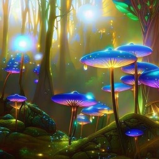 Winged Fairies on Glowing Fungi in Fantasy Forest