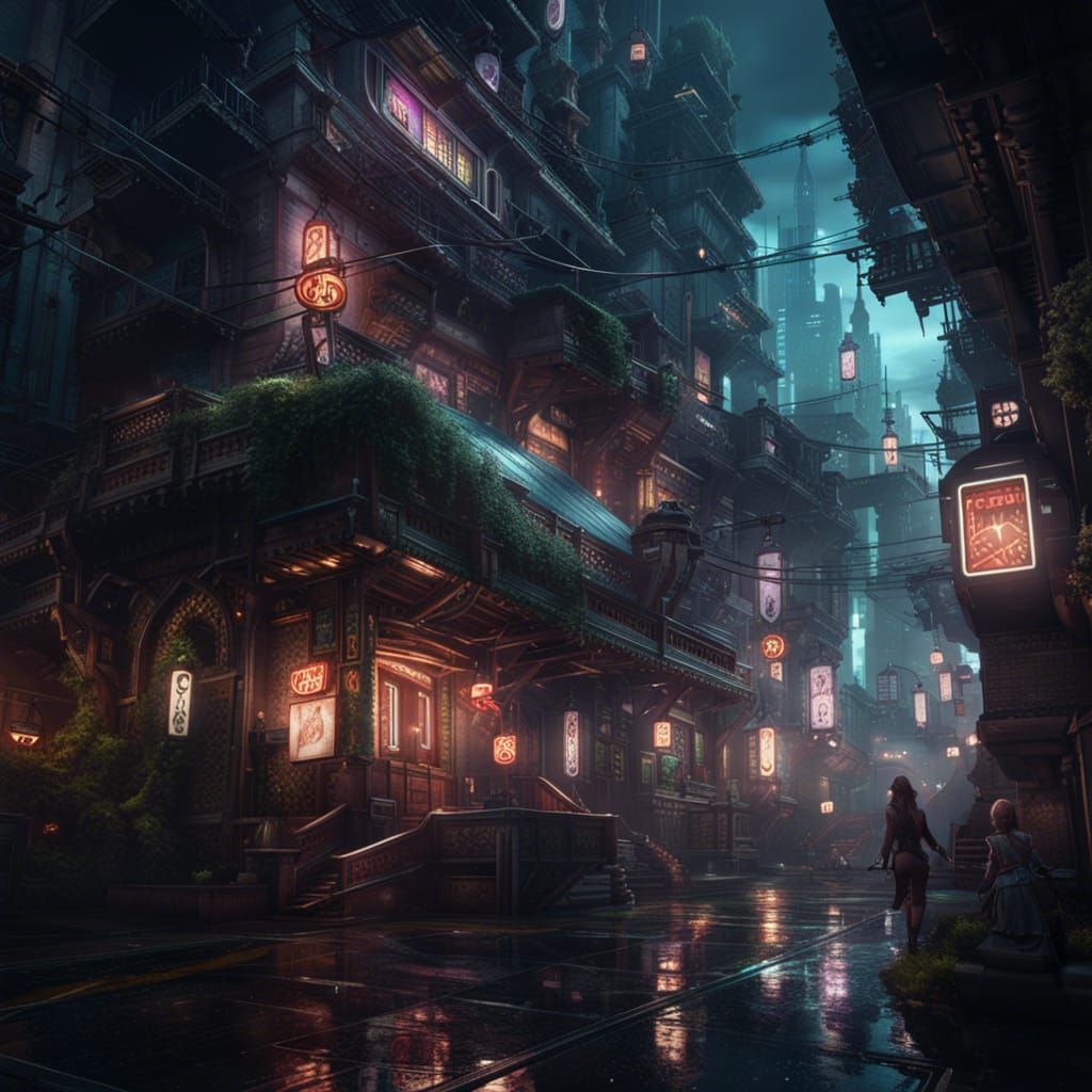 Hyperdetailed Cyberpunk Cityscape with Volumetric Lighting