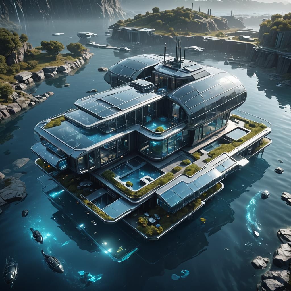 Futuristic Underwater House with Sci-Fi Submarine