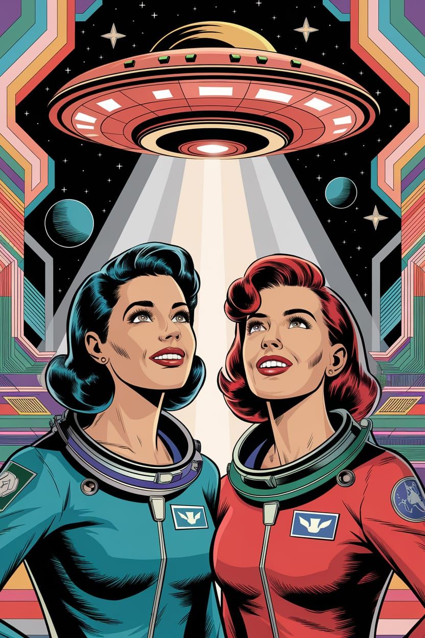 Women in 1950s Suits Gaze at UFO, Comic Art