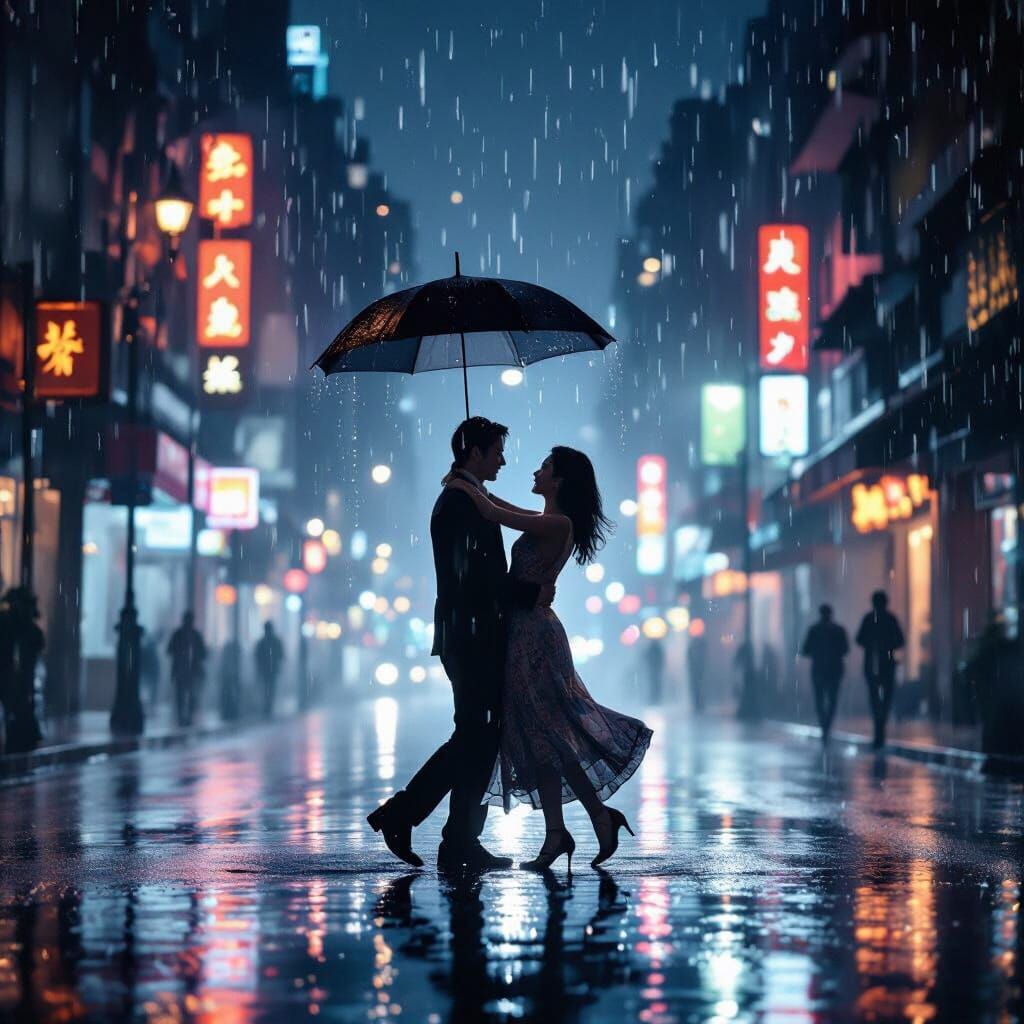 Couple Dancing in Misty City Rain