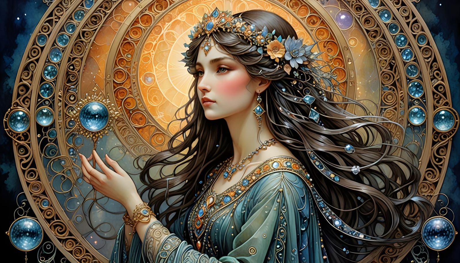 Magical Princess with Fractal Aura in Art Nouveau Style