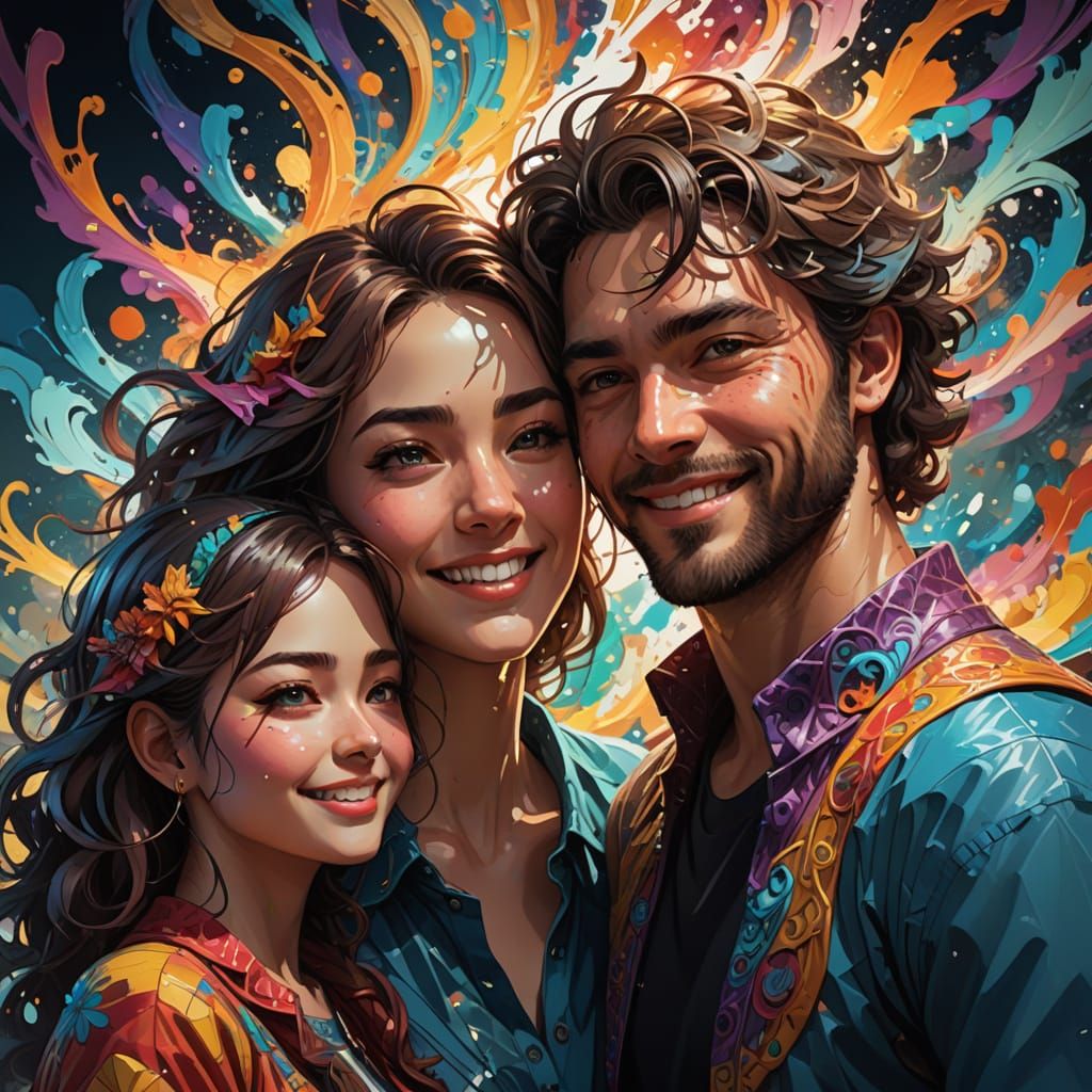 Smiling Family in Abstract Anime Style