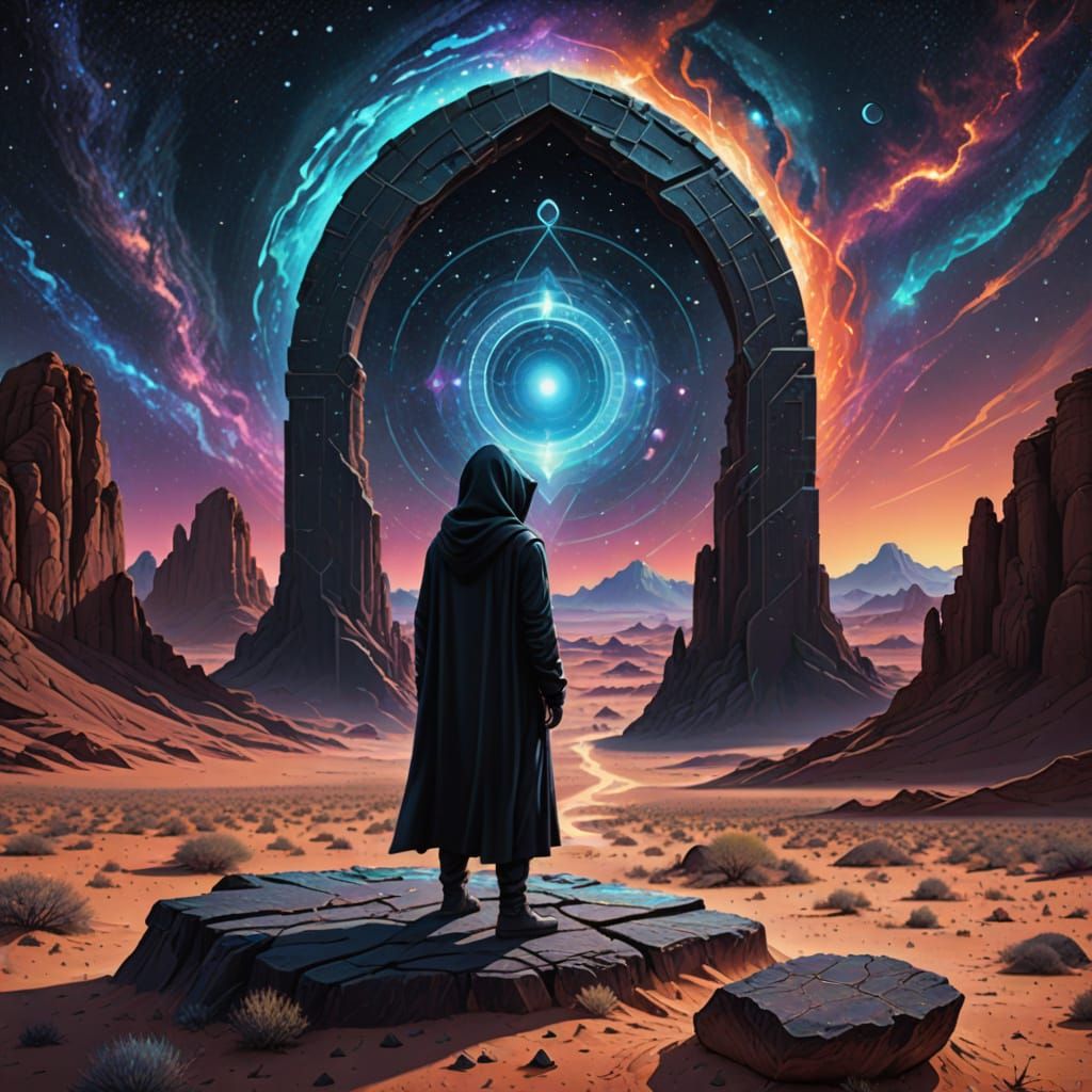 Hooded Figure Gazes at Dimensional Portal