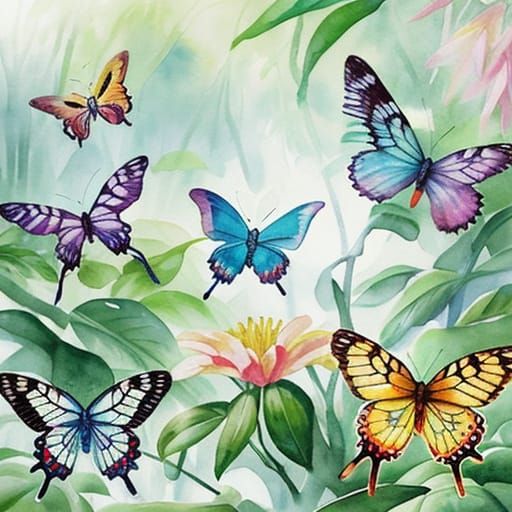 Watercolor Butterflies in Jungle Landscape