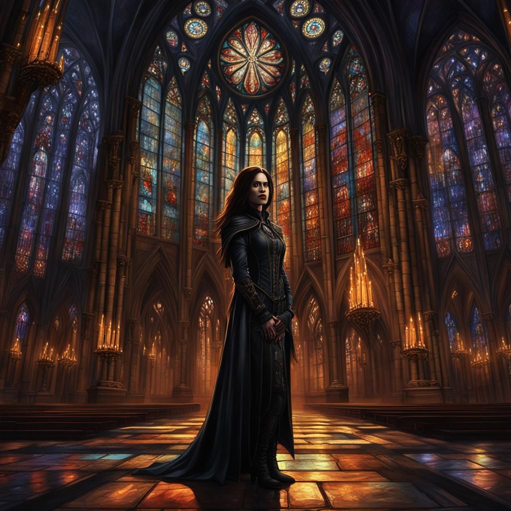Gothic Vampire in Cathedral: Dark Fantasy Oil Painting
