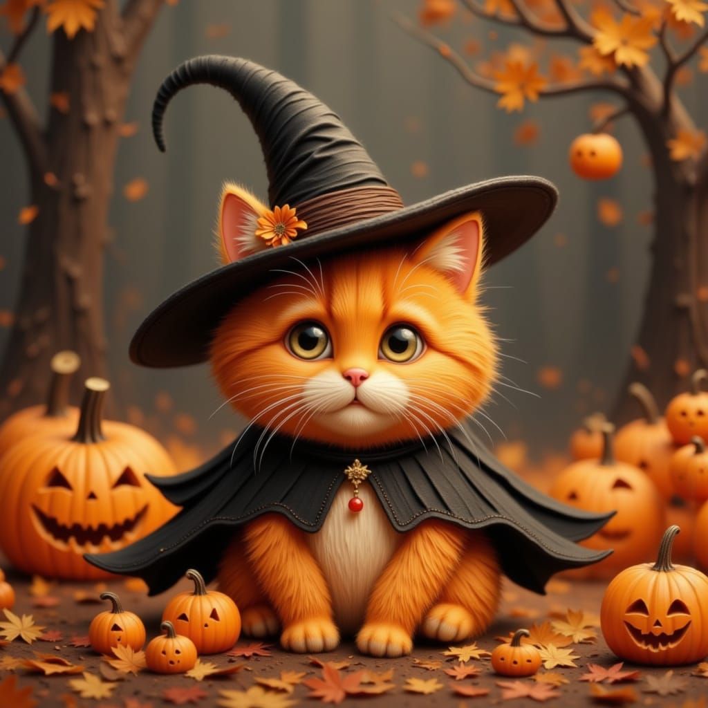 Fluffy Cat in Witch Costume with Autumn Leaves