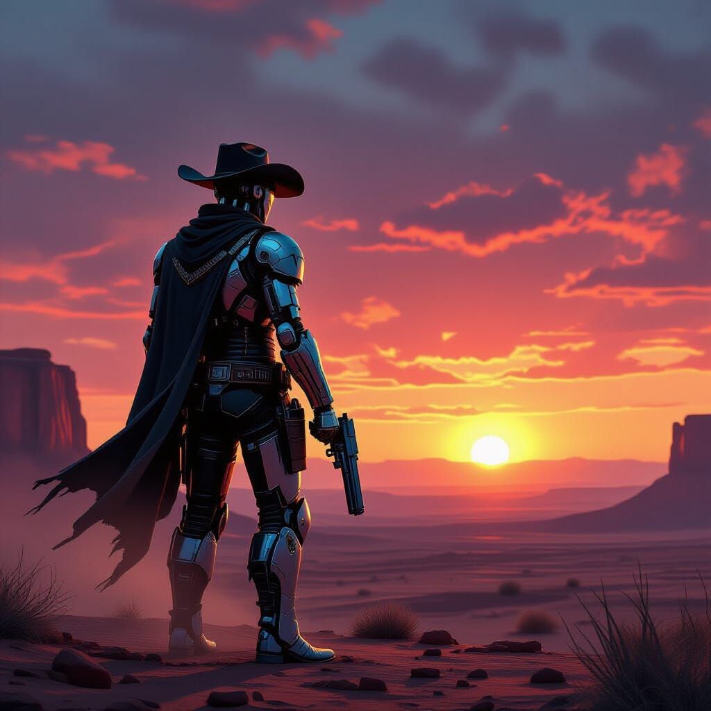 Cyborg Cowboy at Alien Binary Sunset