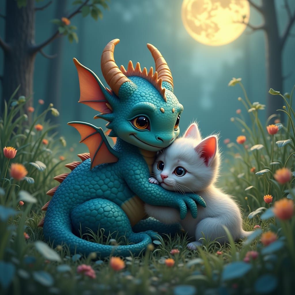 Baby Dragon and Kitten in Moonlit Meadow