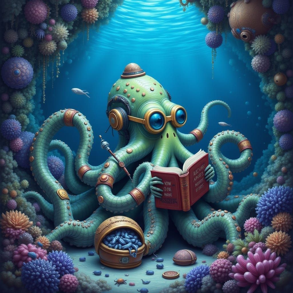Sea Monster Reading Self-Help Book in Deep Ocean