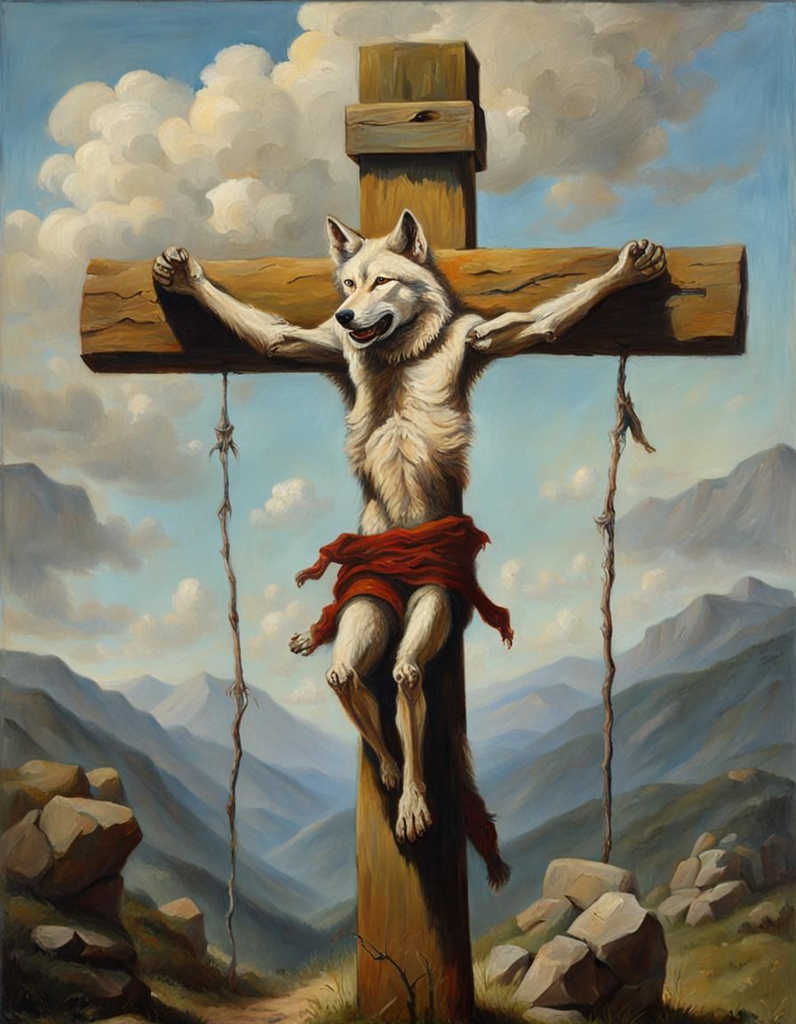 Anthropomorphic Wolf Crucifixion in Baroque Style