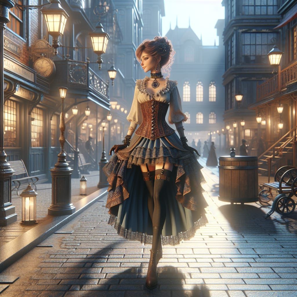 Victorian Steampunk Woman Strolling Evening Street Scene