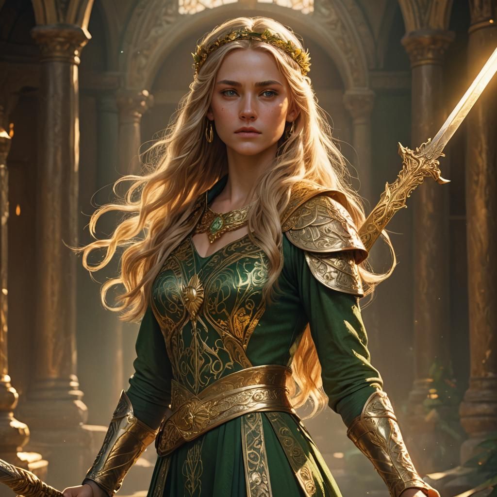 Anime Girl Warrior with Sword in Golden Light