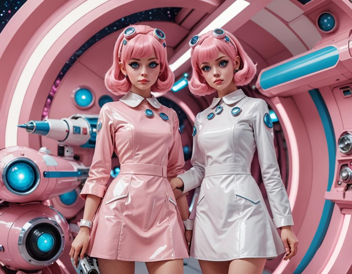 Retro Anime Girls with Ray Guns in Space