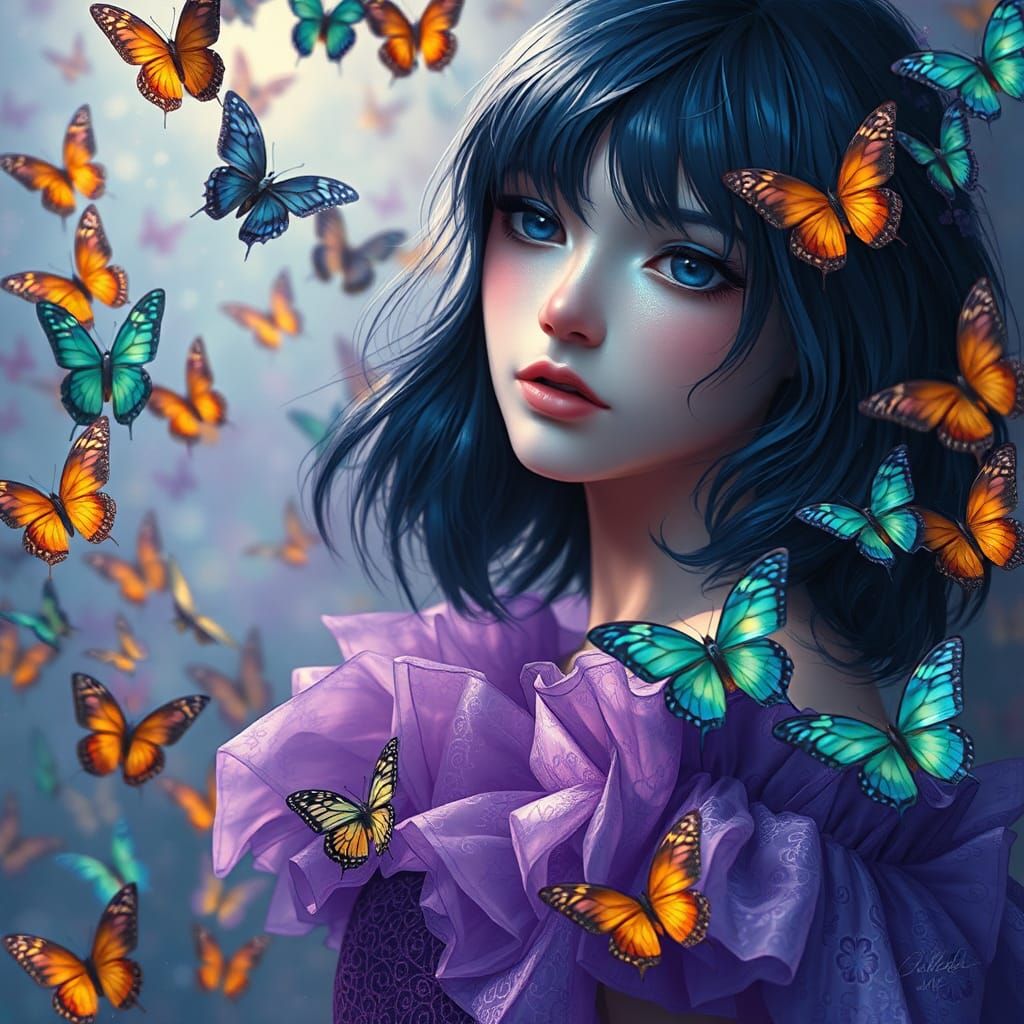Blue-Haired Woman in Dreamlike Butterfly Scene