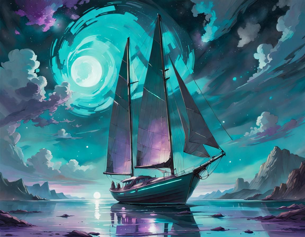 Bioluminescent Seascape: Manga-Style Sailboat at Night