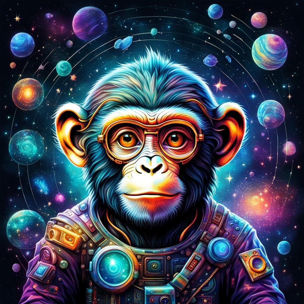 Astronaut Monkey with Computer in Cosmic Art Style