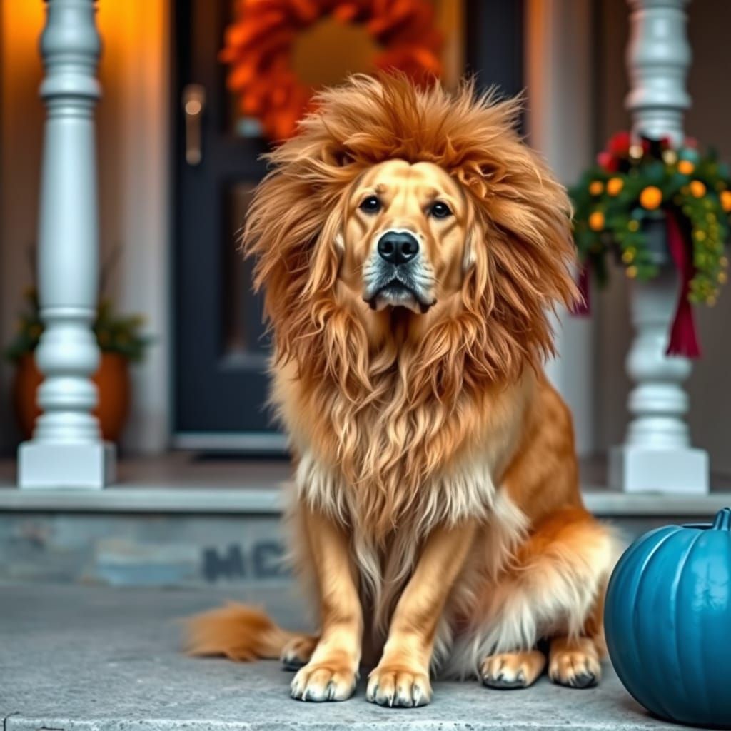 Golden Retriever Dog Dressed as Lion for Halloween Night