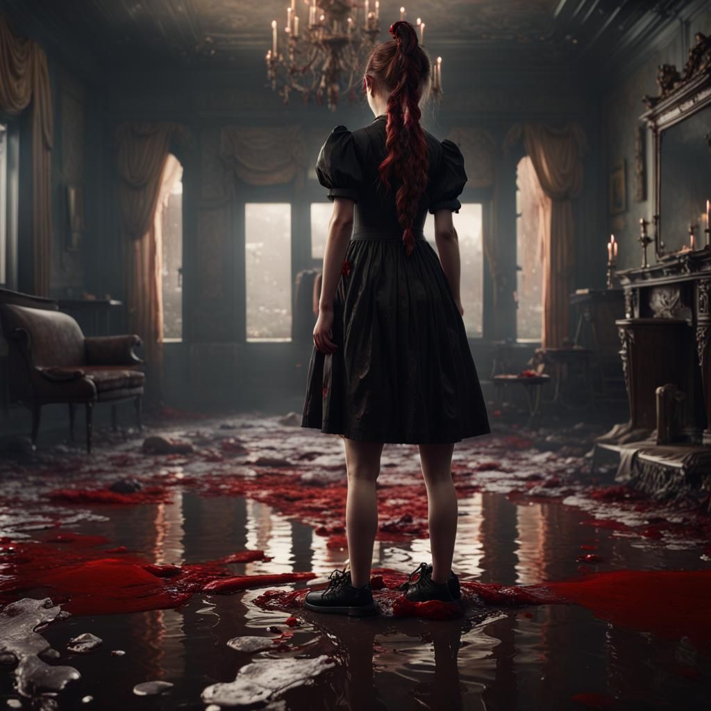 Bloody Girl in Villa, Detailed Matte Painting