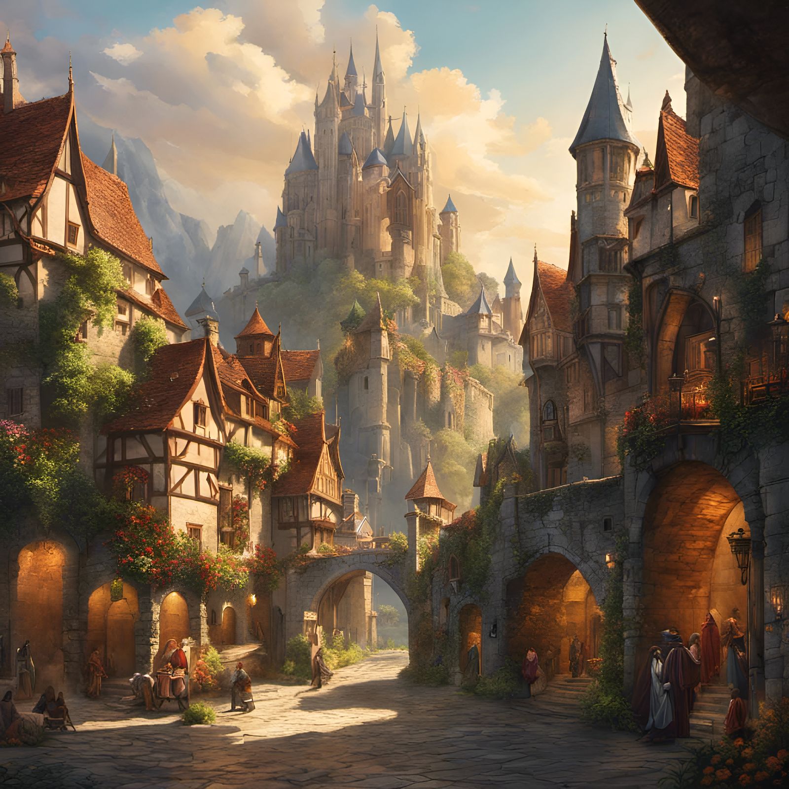 Medieval Castle in Thriving City, Watercolor Painting