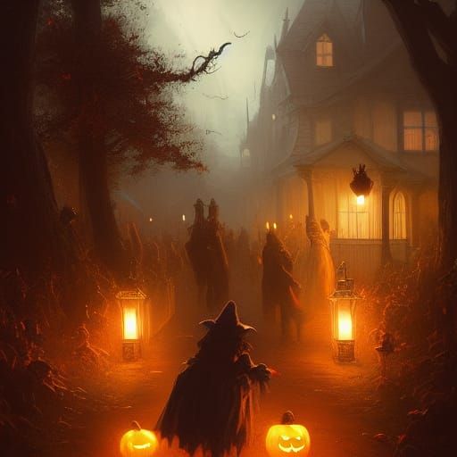 Halloween Night Trick-or-Treating in Dark Fantasy Style