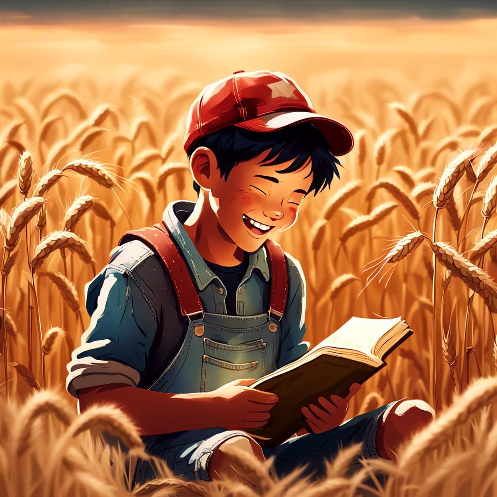 Nostalgic Wheat Field: Boy with Book in Golden Light