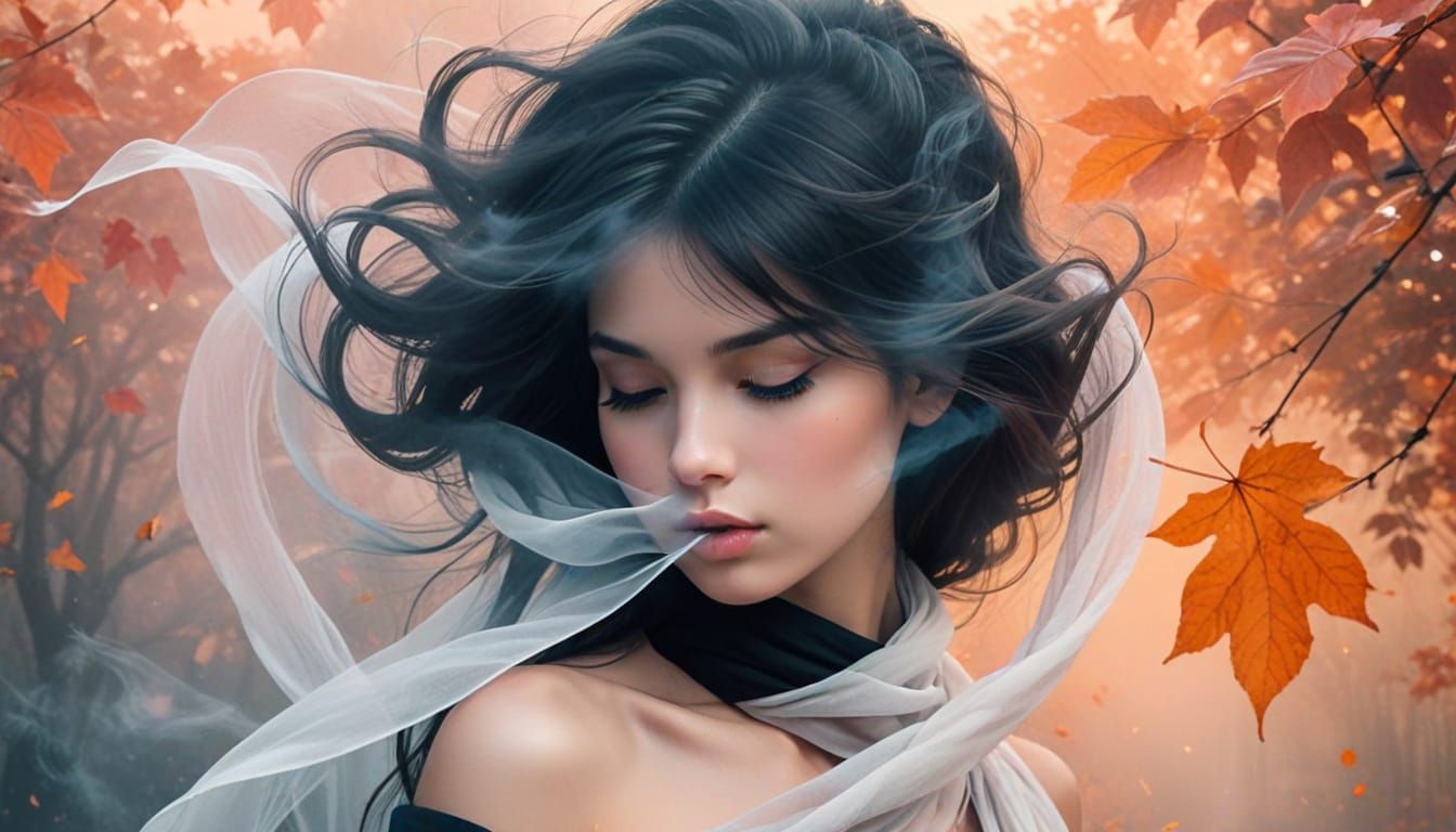 Young Girl in Misty Void with Flowing Scarf and Hair