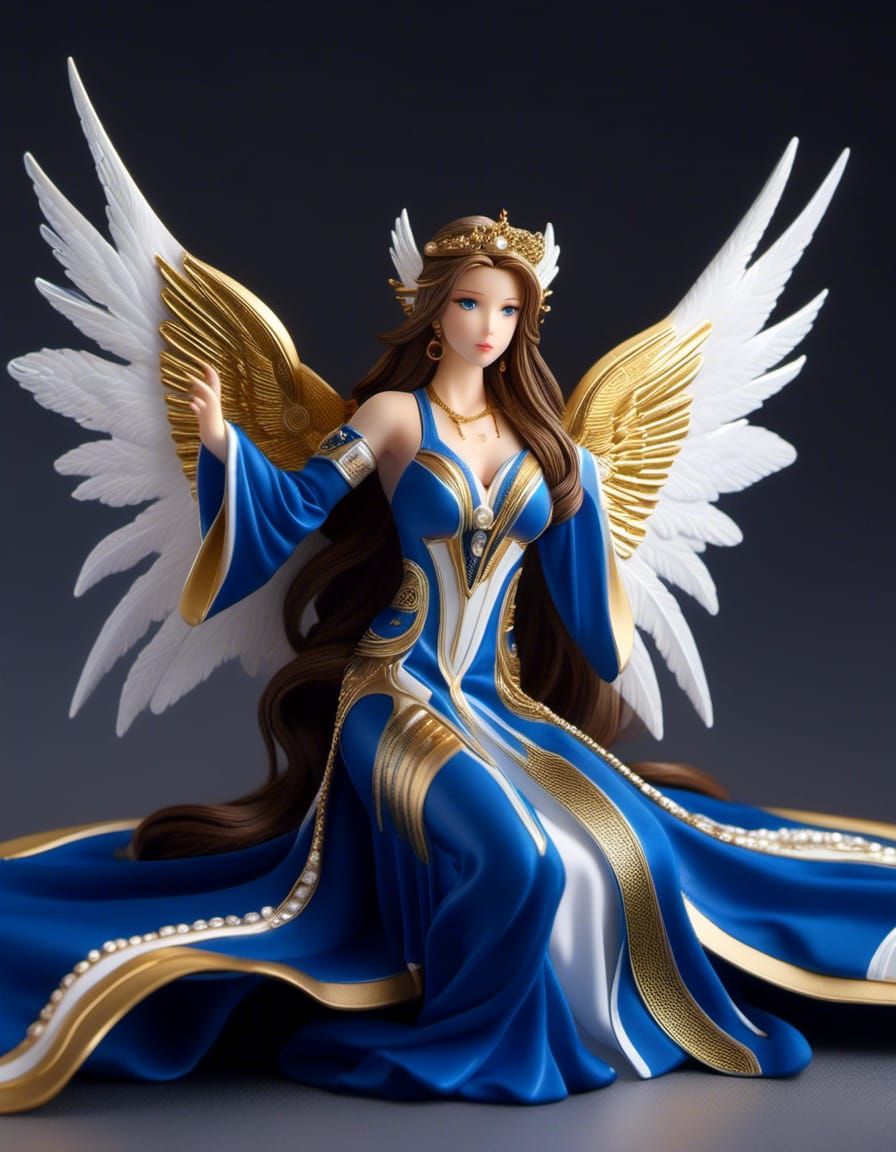 Action figure of: Hyperrealistic OH! My Goddess Belldandy, long brown hair, blue eyes, wearing blue with navy & gold acc...