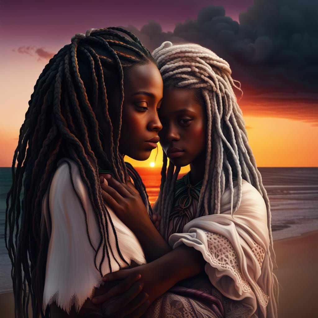Grandmother and Grandchild Embrace at Sunset: Detailed Art