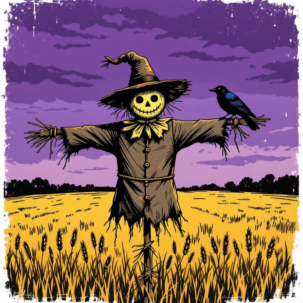 Lone Scarecrow in Barren Field Under Purple Sky Screen Print
