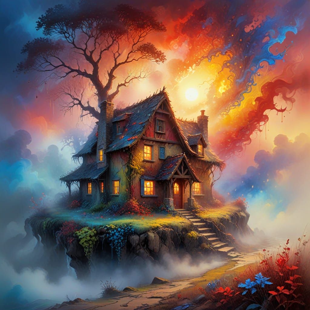 Ethereal Sunrise Cottage in a Vibrant, Foggy Landscape