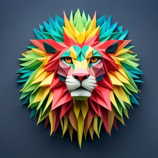 Colorful Lion Paper Sculpture in Horror Style