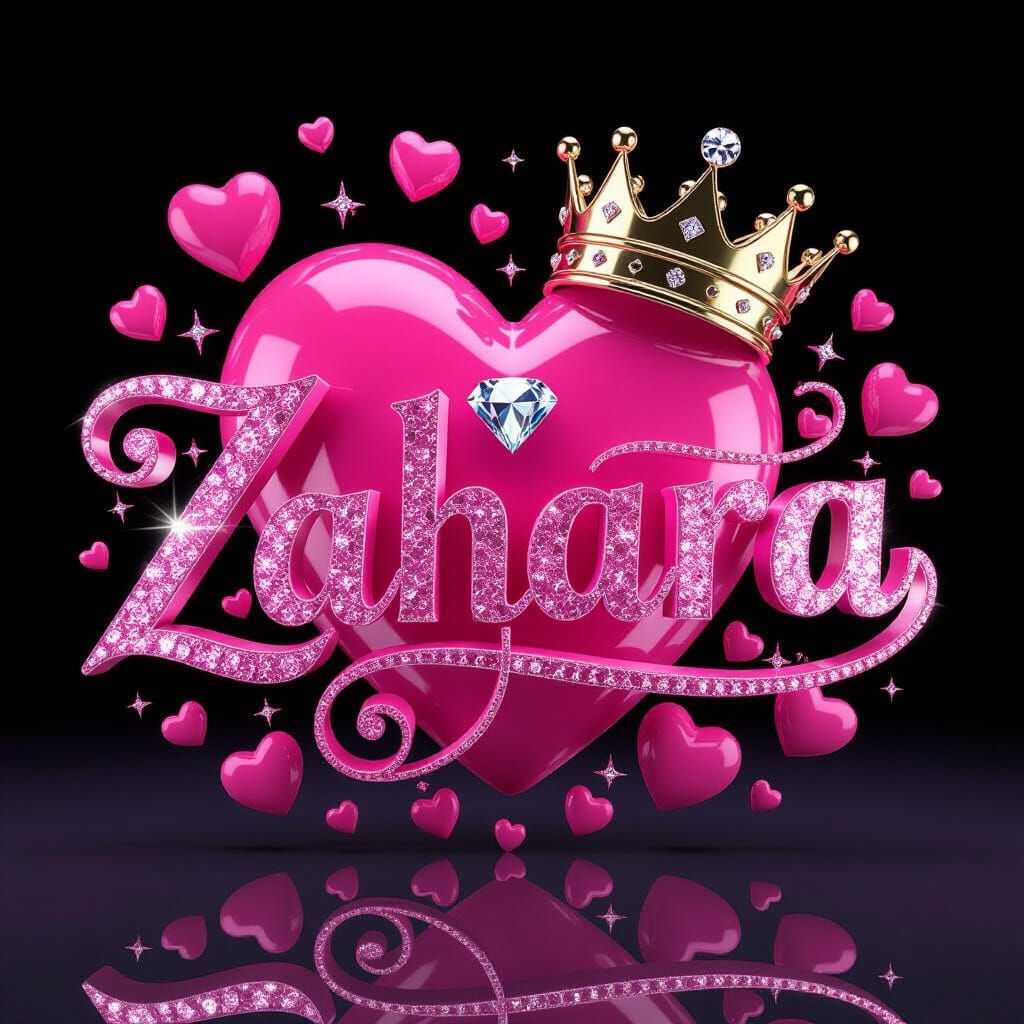 Glittery Pink & Silver "Zahara" Name Art with Crowned Heart