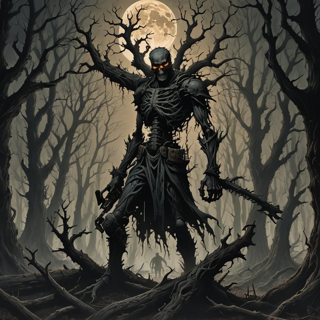 Moonlit Forest Figure with Chainsaw in Dark Fantasy Style