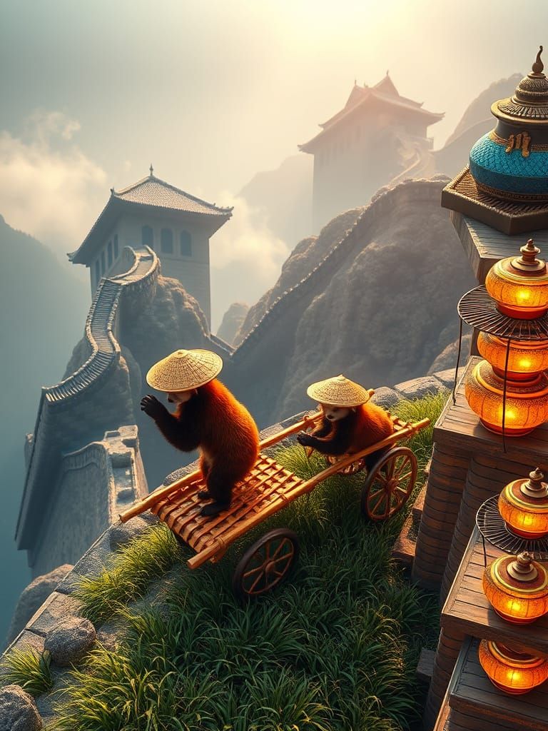 Gilded Rickshaw Pulled by Jade Pandas on Ceramic Great Wall