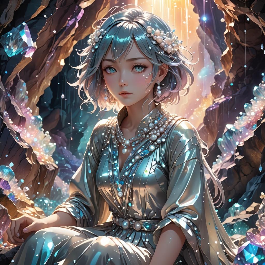 Anime Pearl Woman in Crystalline Cave