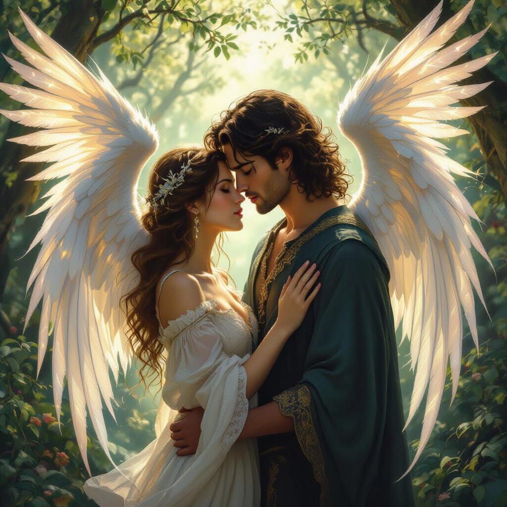 Woman and Angel Fall in Love in Enchanted Forest