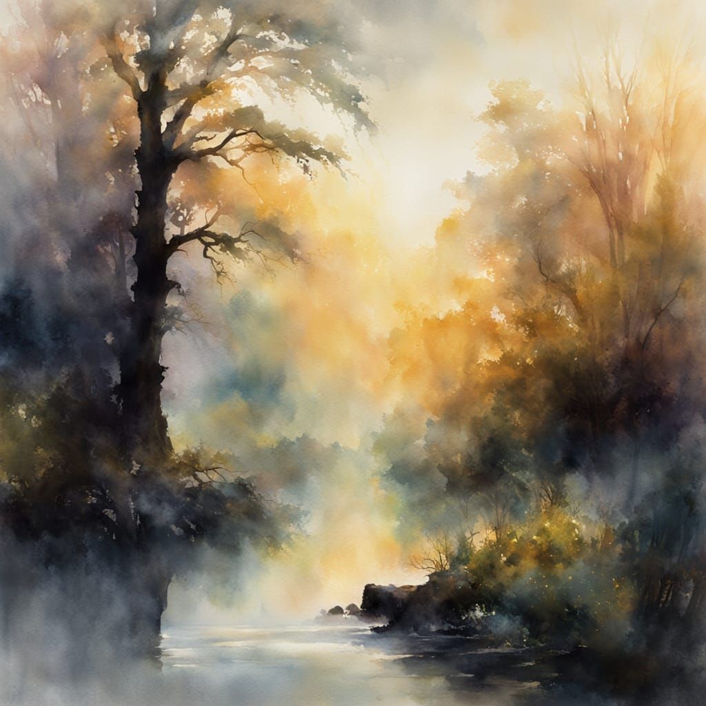 Misty Morning Forest Scene in Watercolor Wash