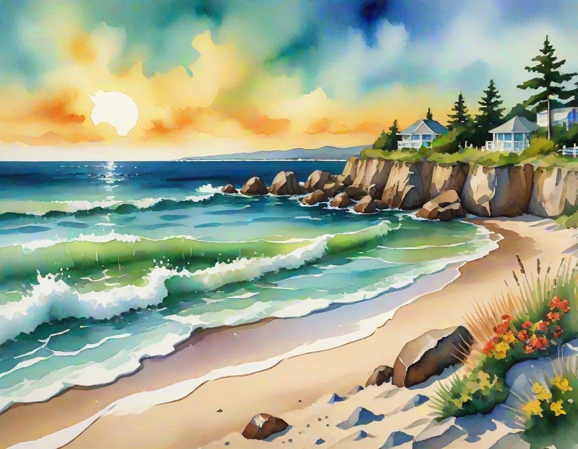 Beach View in Impasto Watercolor Style